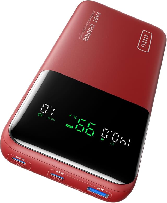 Detalle de INIU Power Bank 25.000 mAh 140W con ricarica rapida, USB-C e USB-A, compatibile con laptop e smartphone (rosso)