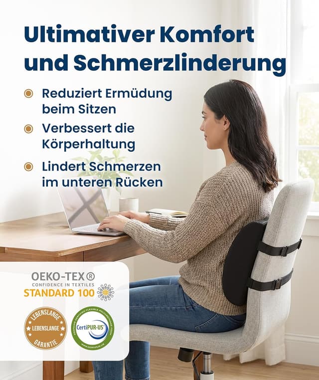 Detalle de Everlasting Comfort Lendenwirbelstütze mit Memory-Foam-Kissen – Schwarz für Büro, Stuhl & Auto