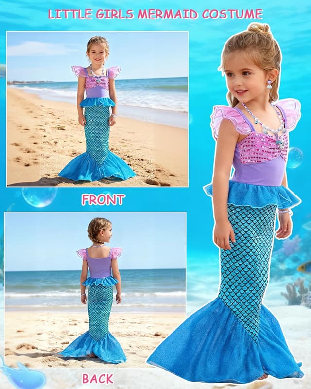 Detalle 2 de Costume da principessa sirena Ariel Dtiaagto per bambine e ragazze (età 3-10 anni) con parrucca e accessori glitter