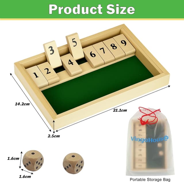 Detalle de Shut The Box Spiel für 2 Spieler (Holz) – Würfel- und Mathematik-Brettspiel zum Reisen