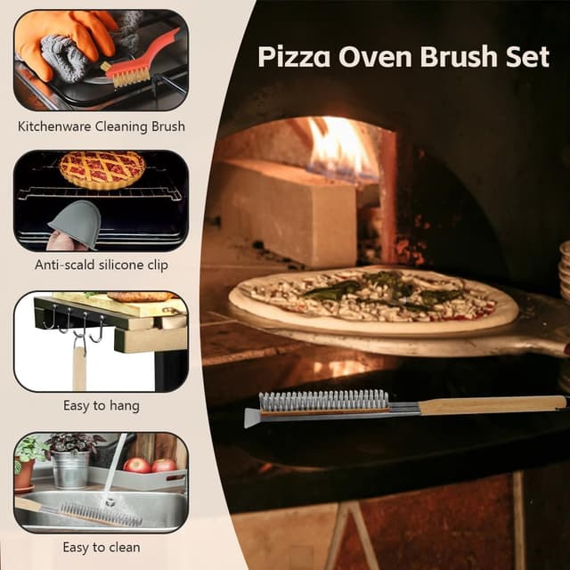 Detalle de OFFCUP Spazzola da forno per pizza con raschietto, 56 cm (setole in acciaio inox e manico in legno)