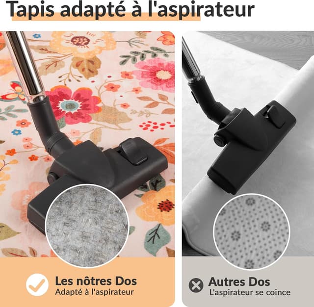 Thumbnail 6 de INOVADAY Tapis lavable 120x180 cm Style bohème à poils courts, antidérapant imprimé floral (rose/beige)