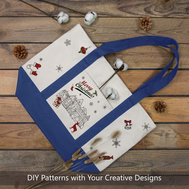 Detalle de TOPDesign 30-Pack 12oz Cotton Canvas Reusable Grocery Bags with Exterior Pocket and Top Zipper (Blue/Natural)