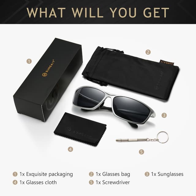 Detalle 2 de SUNGAIT Classic Rectangle Polarized Sunglasses with Al-Mg Metal Frame and Spring Hinge