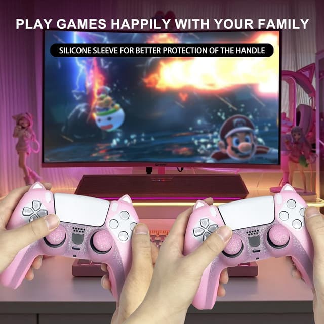 Thumbnail 6 de HLRAO Pink Cat Glitter Anti-Slip Silicone Controller Skin Grip Set for PS5 (8 thumb grips and 2 paw grips)