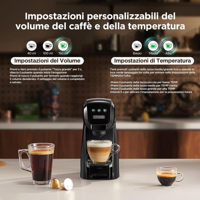 Detalle 2 de CAPXSNOB Warriors1 Macchina da caffè 5 in 1 per capsule (Nespresso Original, Dolce Gusto, Lavazza A Modo Mio, Espresso Point) e caffè macinato