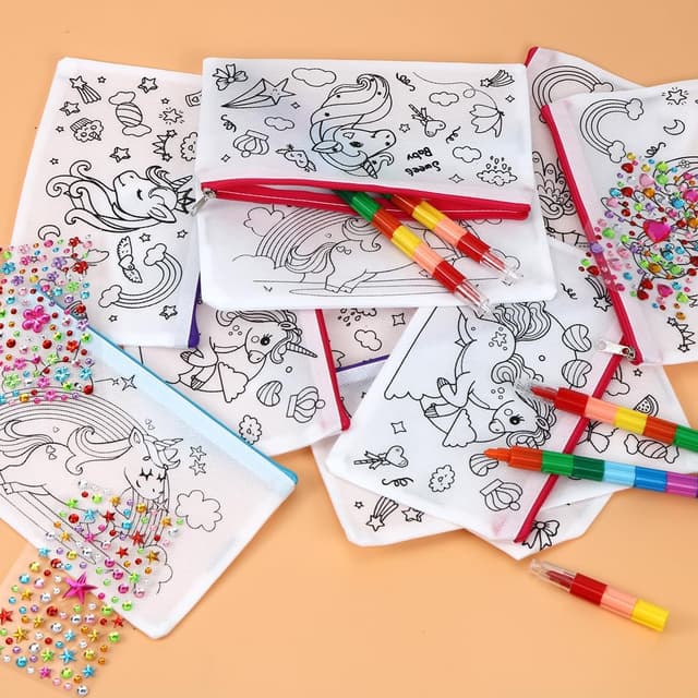 Detalle de Aurasky Einhorn Federmäppchen zum Bemalen mit Stoffbeutel, 10 DIY-Malsets & 4 stapelbare Wachsmalstifte (12 Farben)