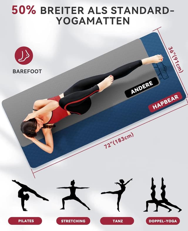 Detalle de HAPBEAR Yogamatte XXL 183×91 cm, 6 mm – rutschfeste TPE Trainingsmatte inkl. Resistance Bands & Tragetasche