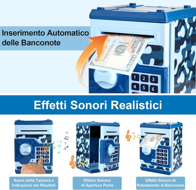 Detalle de Pup Go Salvadanaio Elettronico ATM con codice: cassaforte giocattolo per monete e banconote blu