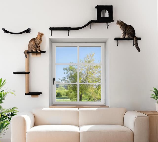 Thumbnail 6 de Kletterwand Katzen Set 4-in-1 (Hängematte, Katzenhaus, Katzenbrücke, Sisal-Kratzsäulen) – wandmontiert