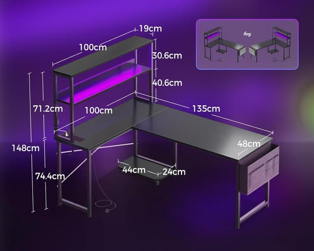 Detalle de Coleshome L Shaped gaming desk 135×100 cm