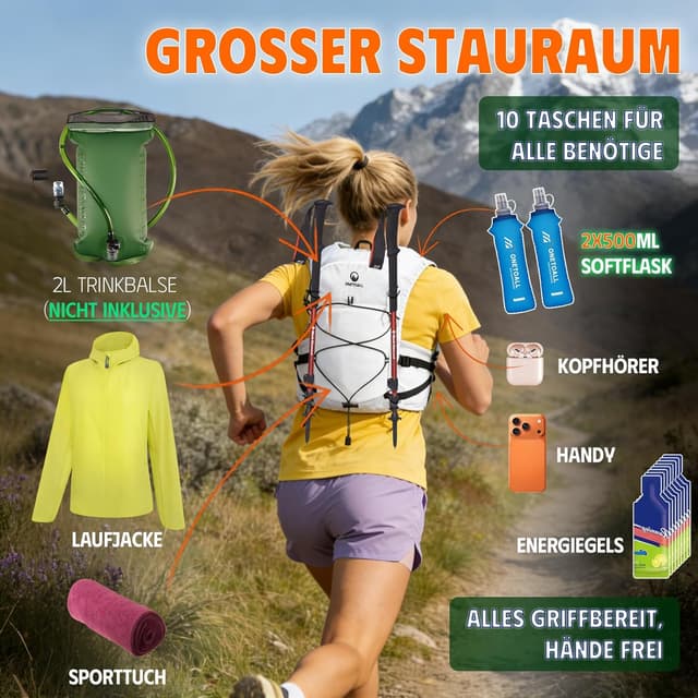 Detalle 2 de ONETOALL Laufweste Damen/Laufweste Herren mit LED & 2 faltbaren Trinkflaschen (500 ml)
