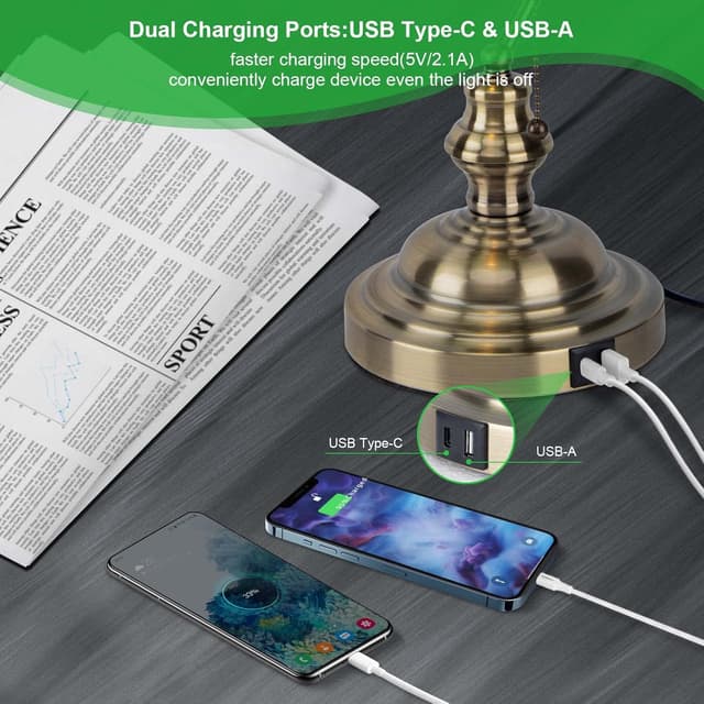 Detalle 2 de Lampe de banquier vintage JCPYIUL verte avec abat-jour pivotant, port USB et interrupteur à chaînette