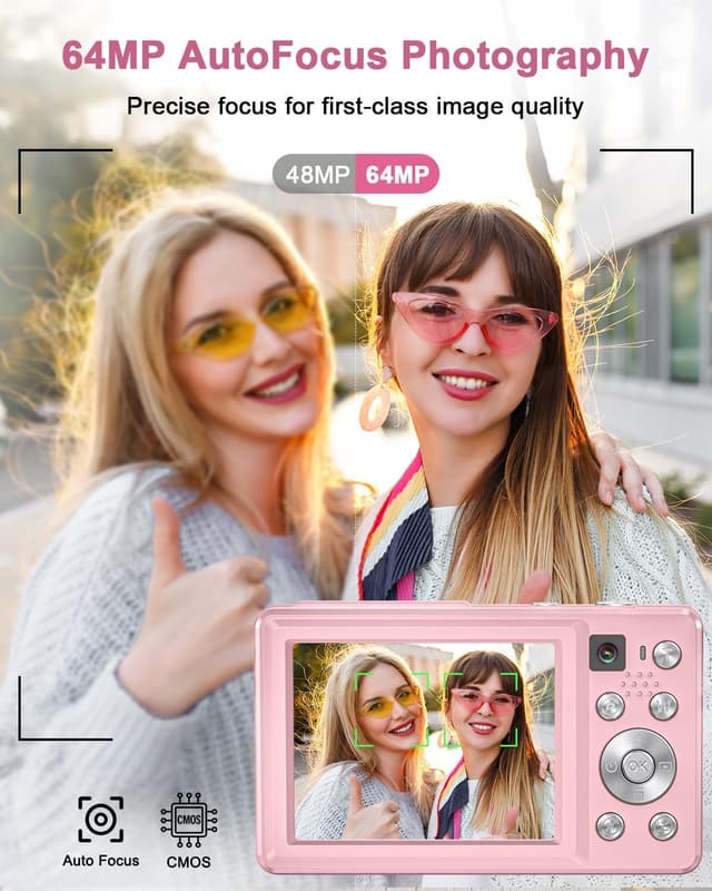 Detalle 2 de Camkory 4K 64MP Digitalkamera mit Dual-Kamera, Autofokus, Blitz & 16x Zoom (rosa)