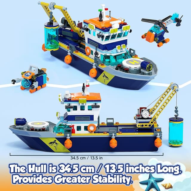 Detalle de JAEUZKJYDA City Floatable Boat Building Set with LED Light (Arctic Ocean Explorer) + Crane, Submarine, Helicopter