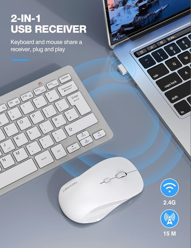 Detalle de TECKNET Mini Wireless Keyboard and Mouse Set (2.4G) with Nano USB Receiver and Silent Mouse, Silver