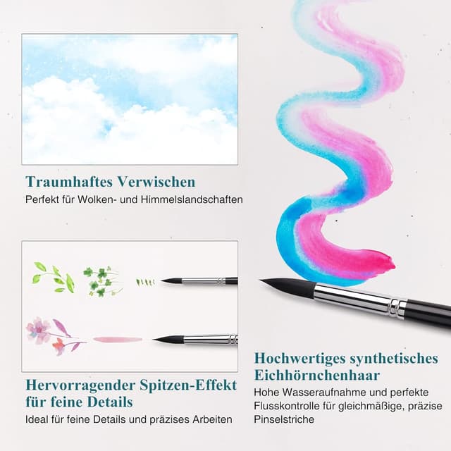 Detalle 2 de Aquarellpinsel-Set (9-teilig) mit synthetischem Eichhörnchenhaar – Rundpinsel für Aquarell & Tempera
