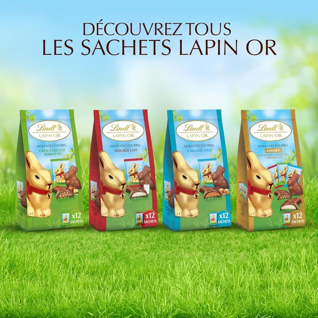 Detalle 2 de Lindt Sachet de moulages LAPIN OR – Chocolat au lait et cœur double lait, idéal Pâques (130 g)