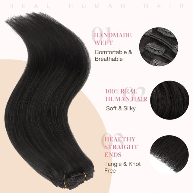 Detalle 2 de GOO GOO Clip-in Echthaar Extensions (45 cm, 120 g, 7 Clips) – 1B Schwarz