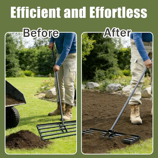 Detalle de Lawn Levelling Rake 75x25cm Heavy Duty with Ergonomic Curved Handle, 185cm