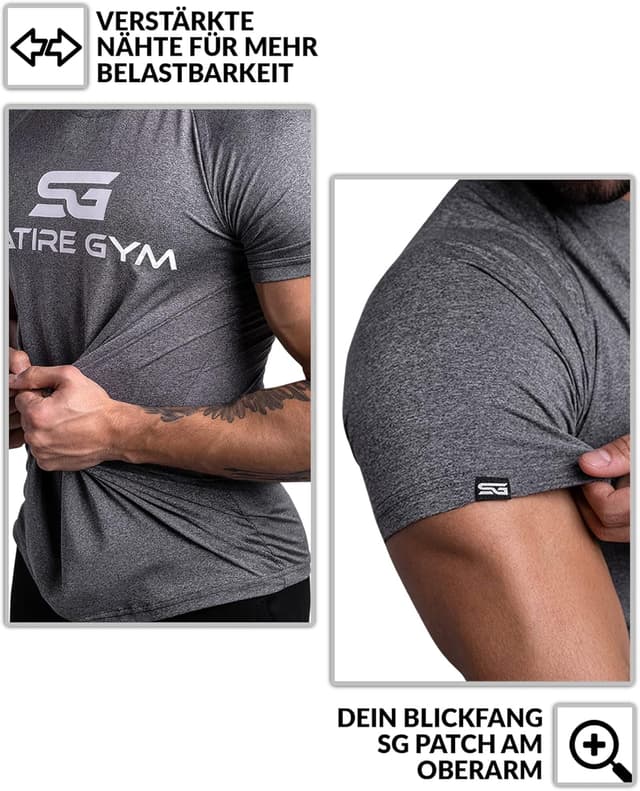 Detalle 2 de Satire Gym Shirt Herren Slim Fit Sportshirt Kurzarm – atmungsaktives Funktionsshirt für Crossfit, MMA & Laufen