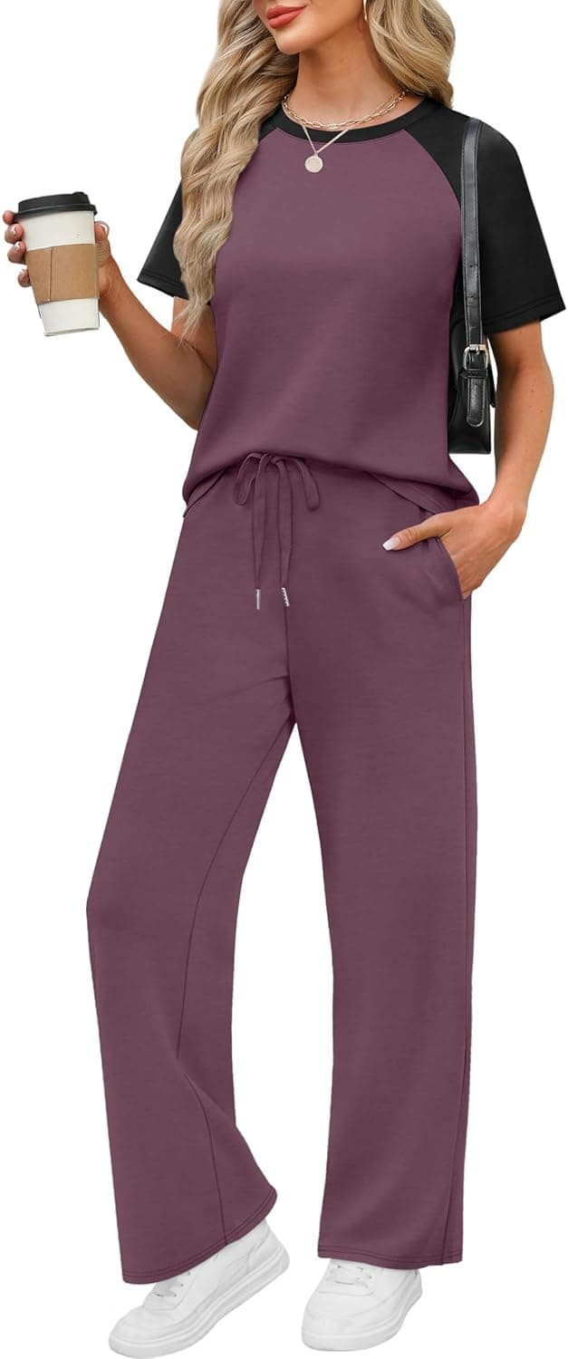Detalle de WIHOLL 2-Piece Women’s Resort & Travel Lounge Set (Short-Sleeve Top + Wide-Leg Pants)