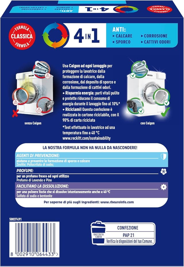 Detalle de Calgon Power Polvere Anticalcare Lavatrice 4 in 1 — 14 confezioni da 900 g per protezione da calcare, sporco e cattivi odori