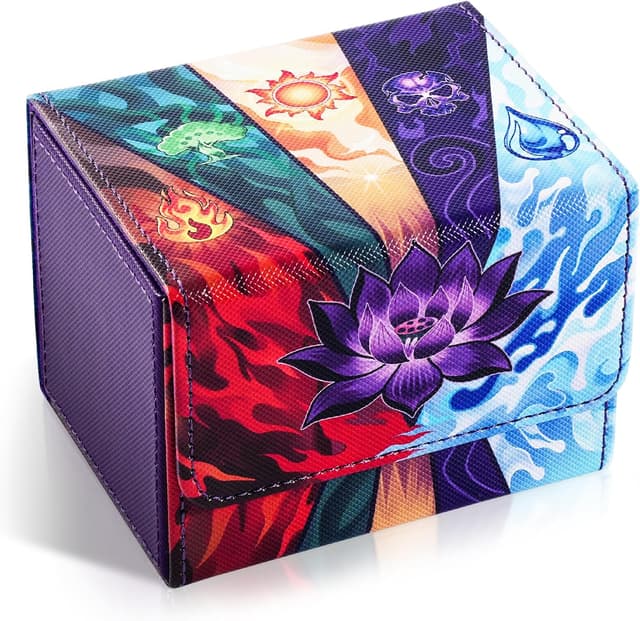 Detalle de UAONO Card Deck Box für MTG: Kartenbox für bis zu 120+ Sleeved Commander Deck (PU-Leder, Magnetverschluss, 2 Divider) – Schwarz/„Lotus“