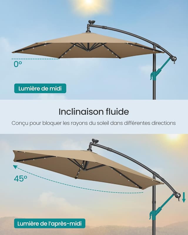Detalle de SONGMICS Parasol déporté avec 32 LED, socle en croix et protection UPF 50+ (300 cm)