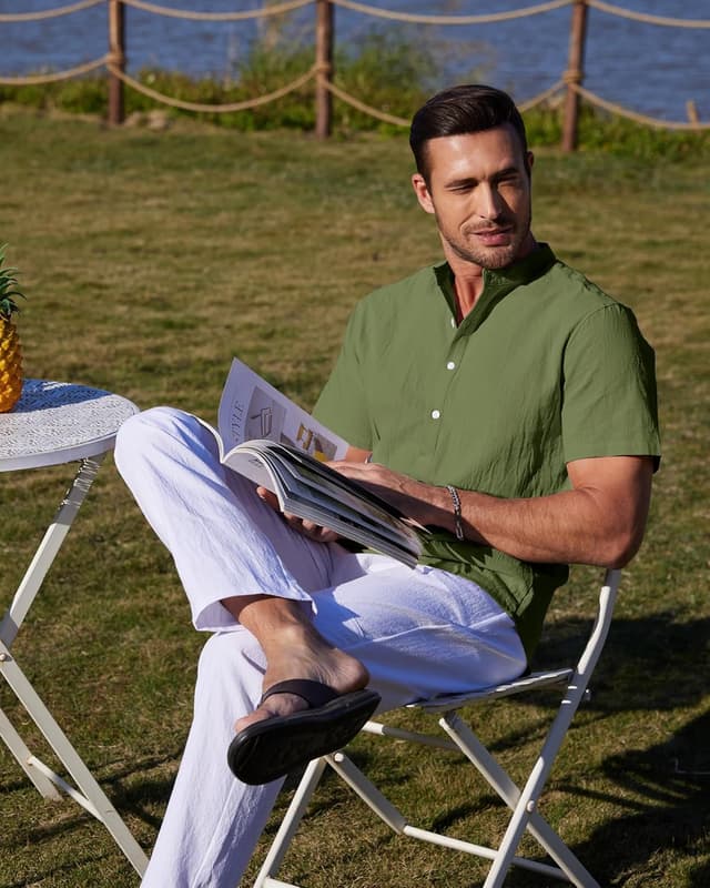 Detalle 2 de YAOBAOLE Chemise en lin homme à manches courtes col Mao (style Henley) pour l’été