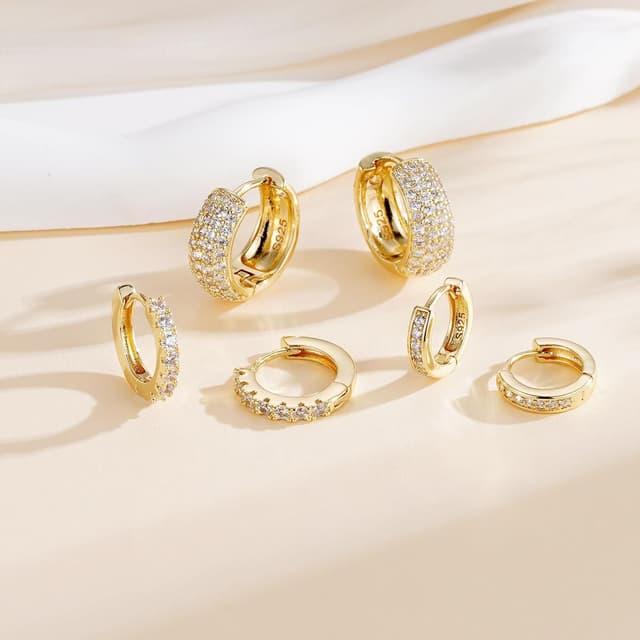 Detalle de Halora 3 Paar Creolen-Set aus Silber 925 (hypoallergen, nickelfrei) mit 14K Gold-Optik & Zirkonia