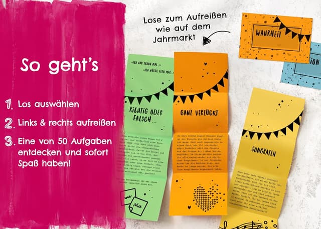 Detalle de Herzmeister Losbox „Geschenk für Beste Freundinnen“ mit 50 Fragen & lustigen Aufgaben für Mädelsabend