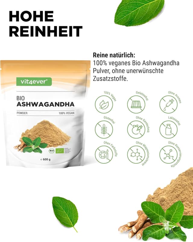 Detalle de vit4ever Bio Ashwagandha Wurzel Pulver (Withania somnifera), 600 g – vegan