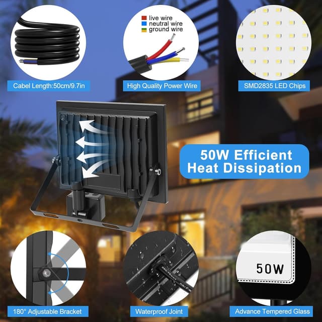 Detalle de Projecteur LED extérieur YZYFACAI 50W avec détecteur de mouvement et télécommande, 5000 lm, blanc froid 7000K, IP67