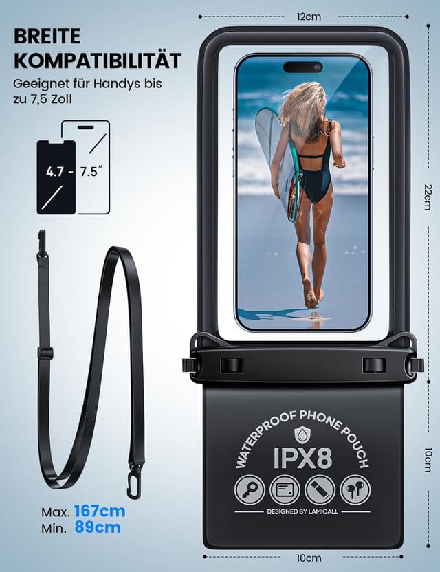 Detalle de Lamicall wasserdichte Handyhülle mit Doppeltaschen-Design – IPX8 Phone Case bis 7,5 Zoll