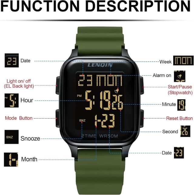 Detalle de LN LENQIN Herren Digitaluhr mit Alarm, Stoppuhr und LED-Hintergrundbeleuchtung (30 m wasserdicht)
