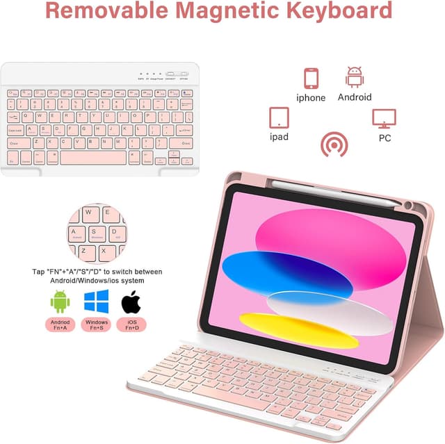 Detalle de CC Store Keyboard Case for iPad A16 (11th Gen) & iPad 10th Gen 10.9in 2022 with Bluetooth Detachable Keyboard, Pink