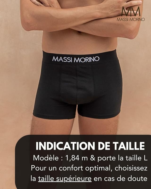 Detalle 2 de Boxers homme en coton sans étiquette (lot de 6 ou à l’unité) Massi Morino – noirs, ceinture élastique, S à XXL