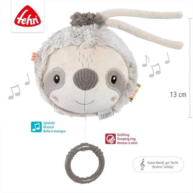 Detalle de Fehn Spieluhr Faultier – Kuscheltier & Einschlafhilfe mit Aufziehmelodie „Brahms Wiegenlied“