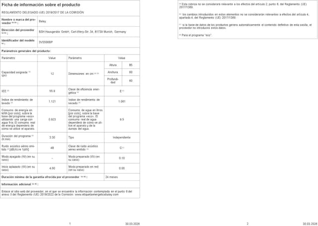 Detalle 2 de Balay 3VS506BP lavavajillas 60 cm, 12 servicios
