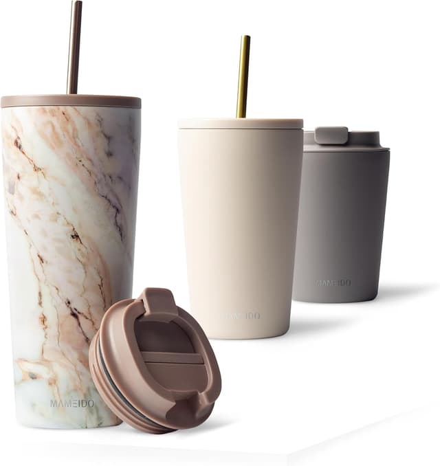 Detalle de MAMEIDO Thermobecher mit Strohhalm, 700 ml – doppelwandig isoliert, auslaufsicher (Pearl Marble)