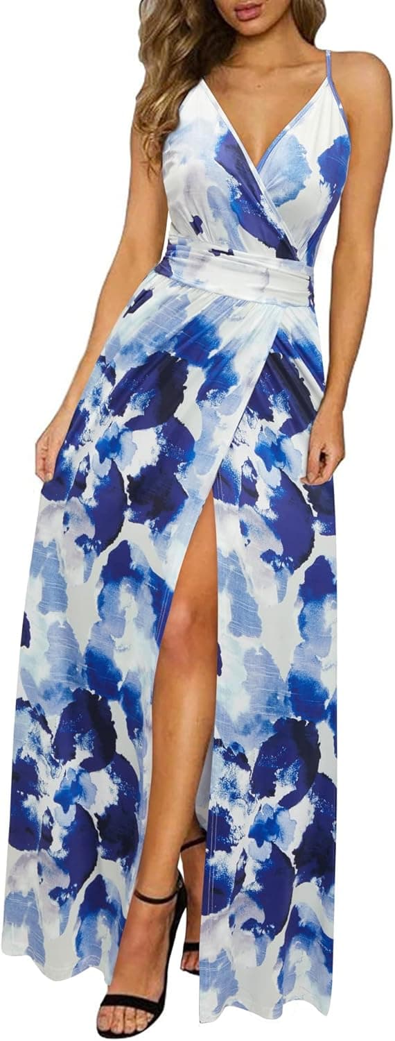 Detalle de Newshows Damen Sommerkleid Lang Maxikleid mit V-Ausschnitt, Spaghettiträgern und Schlitz