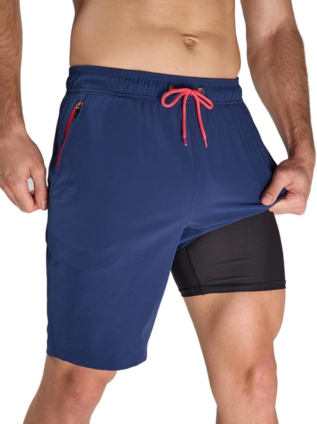 Detalle de Arcweg men’s 9 inch swim shorts with compression liner, quick-dry board-style fit and zip pockets