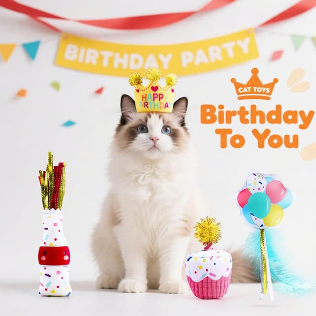 Thumbnail 6 de La Desire Katzenspielzeug-Set mit Geburtstagskuchen & Krone – 4-teiliges Plüsch-Katzenminze-Spielzeug