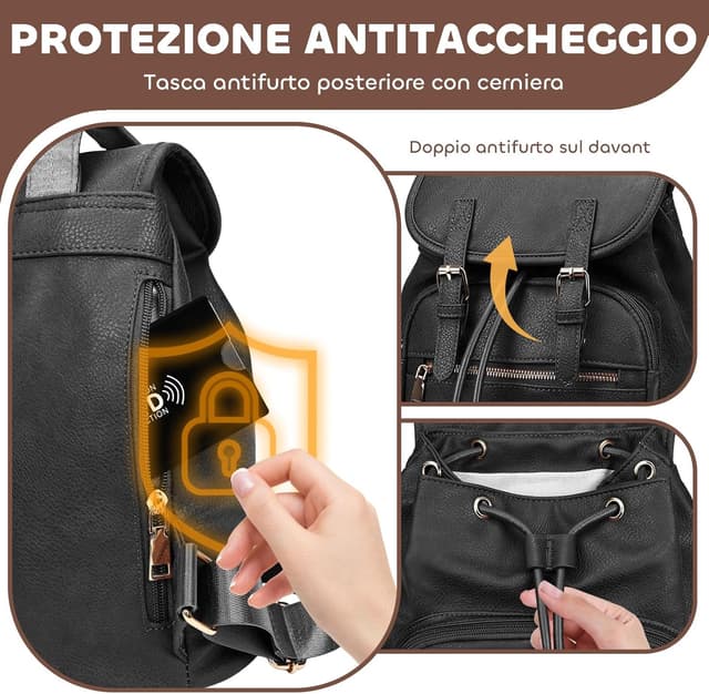Detalle 2 de Leathario Zaino Donna in Pelle Vegana Antifurto con 6 Porta Carte RFID