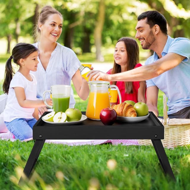 Detalle 2 de Betttablett Tisch mit klappbaren Beinen aus Bambus/MDF (Schwarz) – Frühstück, Laptop & mehr