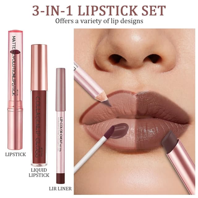 Detalle de LOPHE Lippenstift Matt Lipgloss Set (3-in-1) mit Lipliner, Nr. 3 Rotbraun