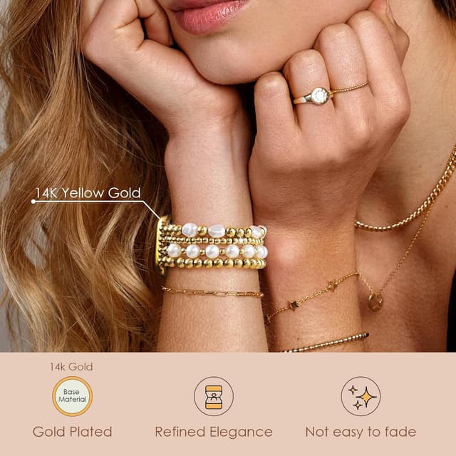 Detalle de V.R.HOPE Perlen-Armband für Apple Watch (44/45/46/49 mm) – elastisches Band mit Gold-Perlen