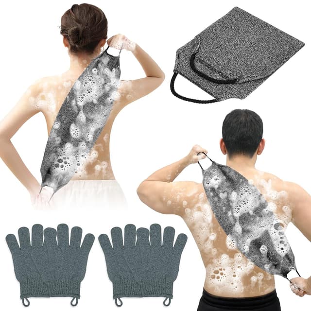 Detalle de Vicloon Peeling-Rückenreiniger: 2 Paar Peelinghandschuhe & doppelseitiger Rückenpeeling-Waschlappen mit Griffen