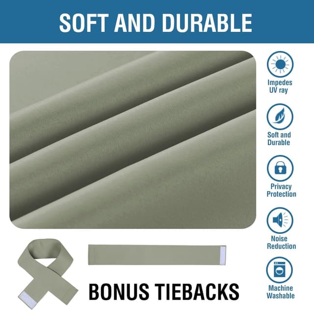 Detalle de BellaHills blackout curtains pencil pleat set (2 panels) in Light Sage, privacy and thermal insulated window treatment